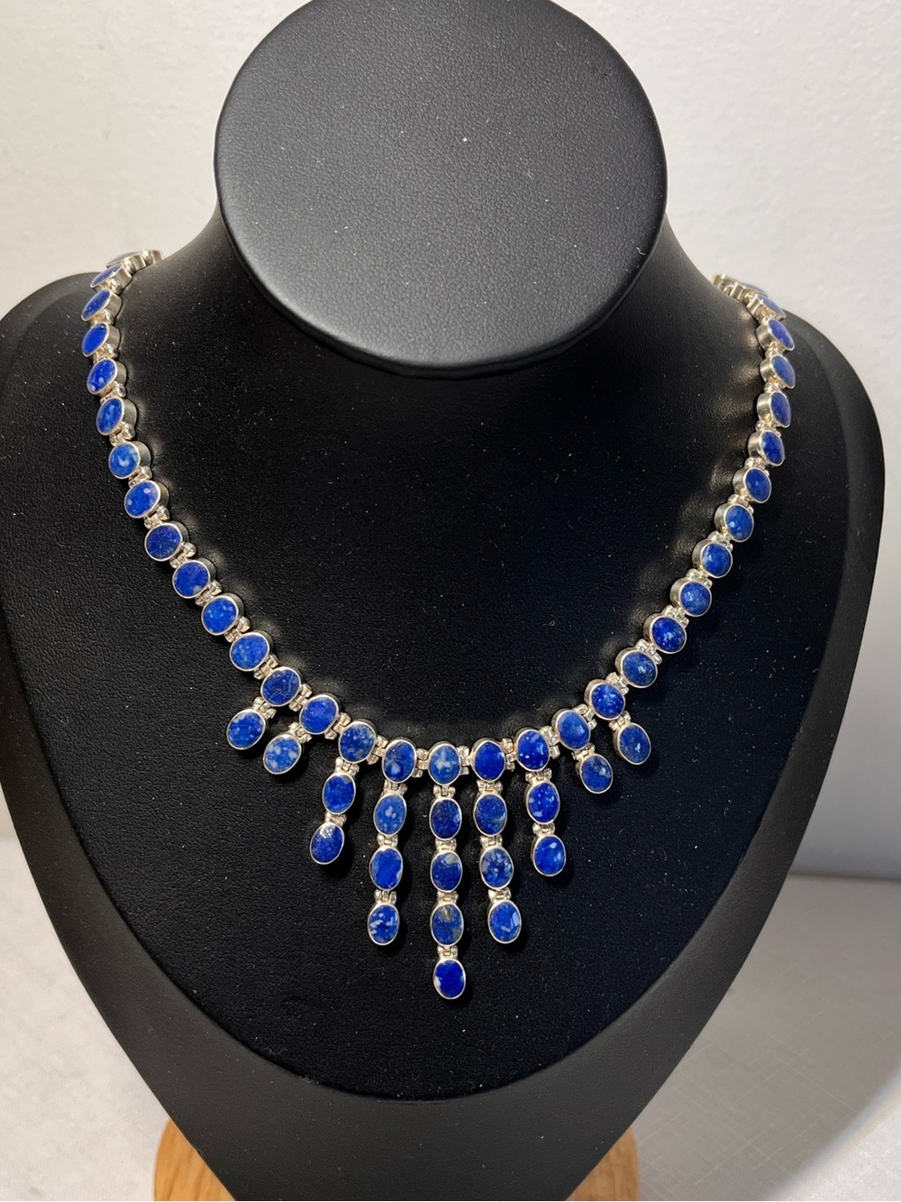Amazing vintage 950 sterling silver Blue Lapis Stone Fringe Necklace - statement